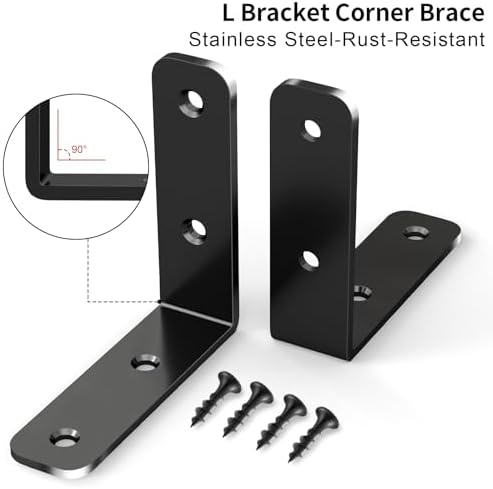 YUMORE 65mm L Corner Brace, Heavy Duty 90° Bracket, Black, 6 Pcs