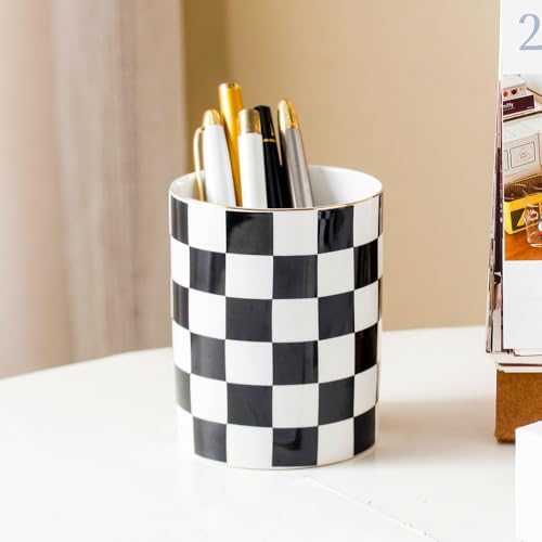 Aesthetic Desk Organizer Set of 2 For Office, Pen Holder and Paper Clip Holder Dispenser, Checkered Ceramic Cute Pencil Cup Pot, Desktop Accessories, Office Decor, Ideal Gifts (Black)