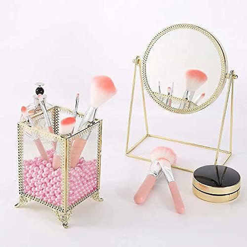 HKS Makeup Brush Holder Vintage Glass Handmade Organizer with Pink Pearls for Nail Brush, Vanity, Bathroom, Dresser, Cou