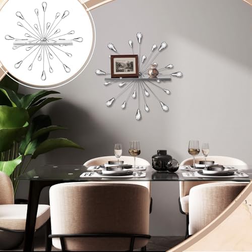 Yaocom Set of 3 Crystal Floating Wall Shelves, Silver Teardrop Metal Wall Mount Storage Shelf, Decorative Floating Displ