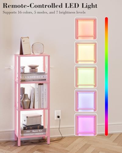 Open Book Shelf with LED Lights, 4 Tier Small Bookshelf, Freestanding Shelf Narrow Bookcase with Open Shelves, 14.96" x 