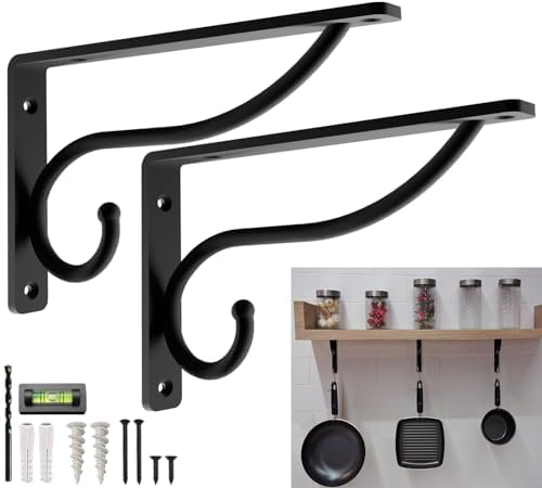 Closet Rod Bracket, 12 Inch Hook Shelf Brackets Heavy Duty Wall Mounted, Black Closet Rod Support Brackets for Curtains,