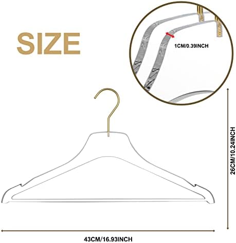 Quality Acrylic Clear Lucite Hangers 20-Pack with Bar Matte Gold Hanging Hooks for Clothes, Pants, Suit Jackets, Coats, and Shirts, Closet and Wardrobe Organization (Matte Gold Hook, 20)