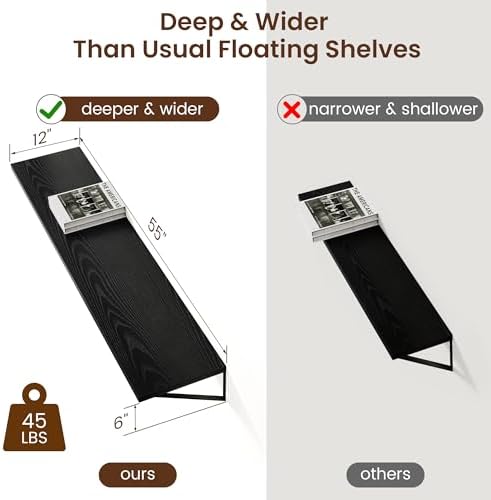 Axeman Floating Shelves for Wall Black- 55 Inch Wide x 12 Inch Deep Wall Shelves Set of 2 - Black Deep Wood Floating She