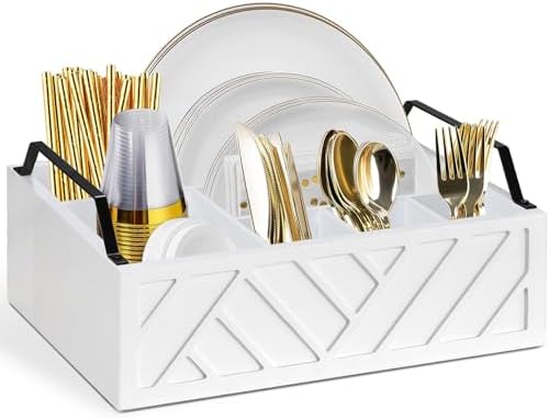 Ukonvi Paper Plate Dispenser and Holder for Kitchen Counter, Wood Rustic Silverware Utensil Caddy, Cutlery Flatware Orga