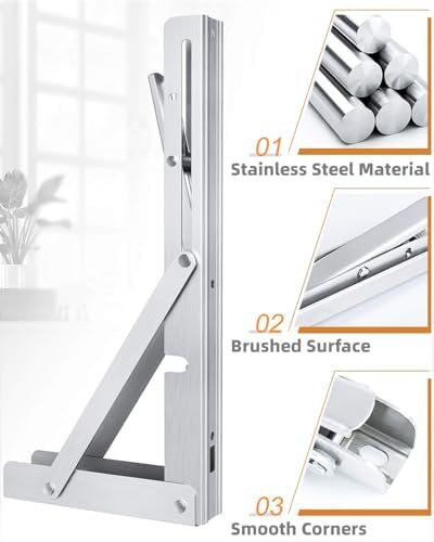 8-Inch Foldable Brackets for DIY Folding Shelves or Tables, L Shelf Brackets Collapsible, Heavy Duty Stainless Steel, Ma