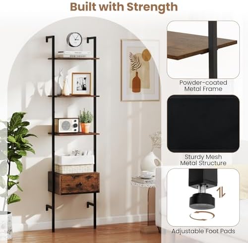 GIANTEX 5-Tier Ladder Bookcase with Drawer, 70" Tall Wall-Mounted Bookshelf with Metal Frame, Industrial Open Display Sh