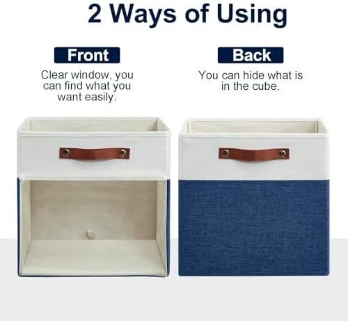 Bagnizer Storage Cubes, 4 Pack Linen Foldable Storage Bins with Clear Window and 2 Handles, 13x15x13 Storage Cube Bins for Shelf Closet, Kallax, Clothes, Books - (Navy Blue / Off-White)