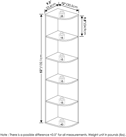 Furinno PASIR Book Shelf, 5-Tier Corner Bookshelf with Open Shelf, Standing Bookcase, 9.3 x 12 x 51.7, for Organization 
