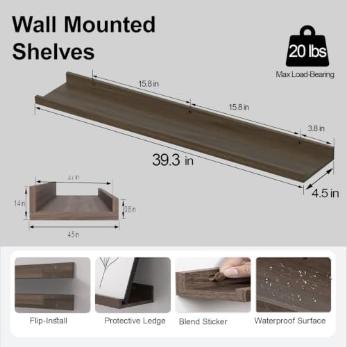 Walnut Floating Shelves for Wall Decor, 40 in Shelf with Lip, 2 Set