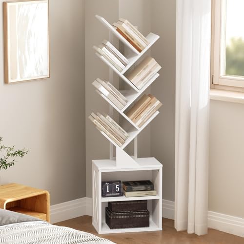 RALGEND Tree Bookshelf, 6 Tier Bookcase with 2 Storage Racks, Free Standing Wooden Bookcase, Floor Standing Book Shelf O