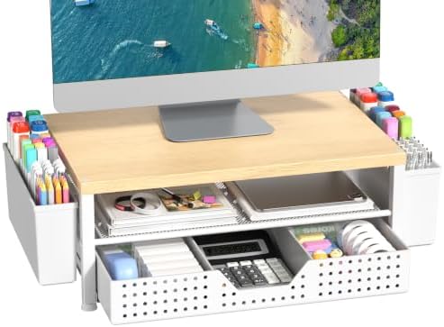 Wood Metal Monitor Stand Riser, Laptop Stand for Desk, Office Desk Organizer and Accessories, Computer Desktop Shelf wit