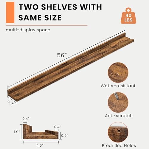 Heimlove Picture Ledge Shelf, Floating Shelves Set of 2, 55.12Inches Picture Shelf for Wall with Ledge, Kids Bookshelf Wall Mounted for Living Room Bedroom Decor Books Photo Frames - Rustic Brown