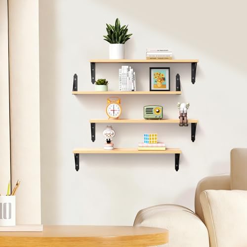 ROMGUAR CRAFT Wood Wall Floating Shelves Set of 4, 23.6" x 6" - Natural