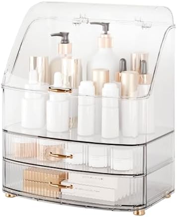 Makeup Organizer Countertop Vanity with Transparent Lid Drawers Waterproof Dustproof Cosmetic Skincare Bathroom Storage 