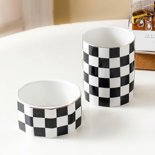 Aesthetic Desk Organizer Set of 2 For Office, Pen Holder and Paper Clip Holder Dispenser, Checkered Ceramic Cute Pencil Cup Pot, Desktop Accessories, Office Decor, Ideal Gifts (Black)