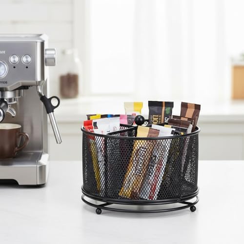 Drink Packet Organizer, 4-Compartment Metal Lazy Susan Turntable for Powdered Drink Mix and Water Flavor Packets, Black