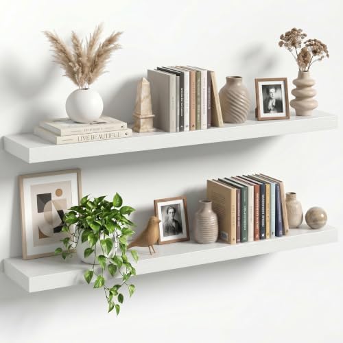 40" Floating Shelves for Wall, Set of 2, 8" Deep, 1.5" Thick, White