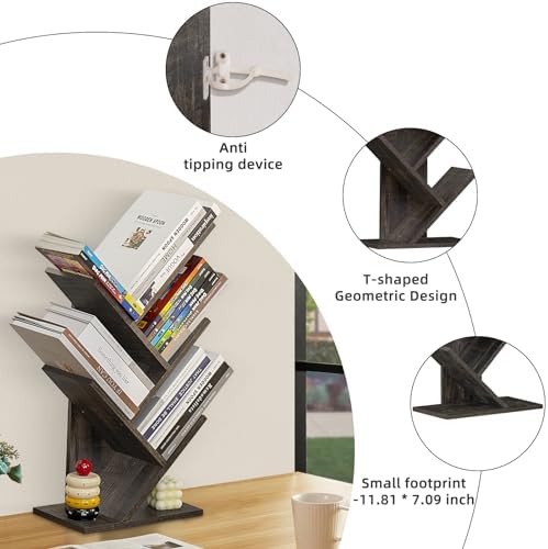 SHEEPAM Small Tree Book Shelf,5 Tier Bookshelf, Wood Desktop Bookcase