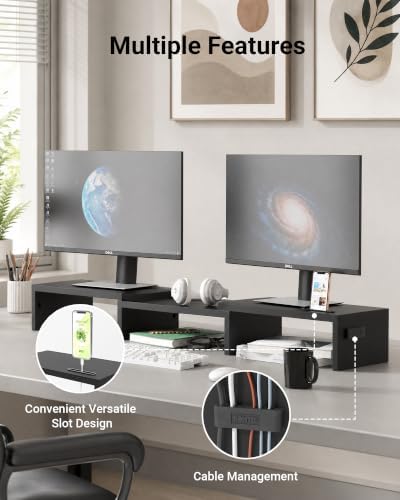 BONTEC Dual Monitor Stand Riser, Adjustable Length & Swivel Angle, Black
