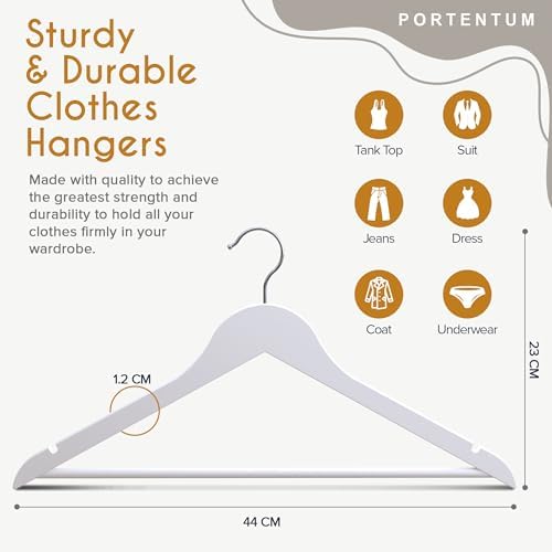 PORTENTUM Wooden Hangers, Pack of 20, White. 360º Swivel Hook, For All Types of Clothes, Trouser Hangers, Non-Slip Hange
