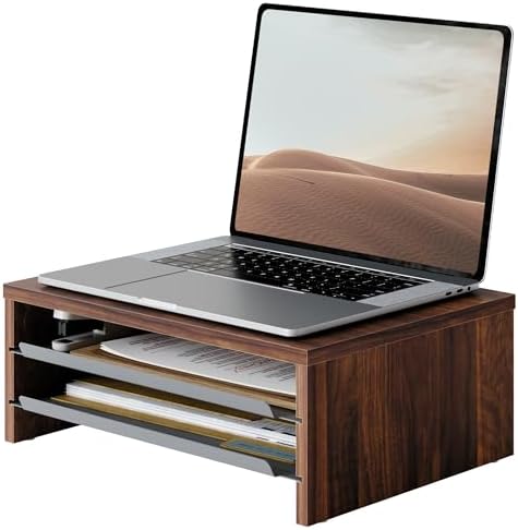 Fenge 14.3-Inch Monitor Stand with Slide-Out Trays, Wood & Metal Desk Shelf