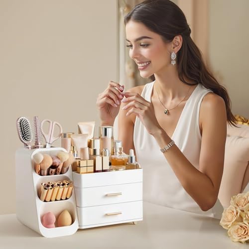 HBlife Makeup Organizer with Brush Holder for Vanity, Large Plastic Bathroom Countertop Organizer Skin Care Storage, Eas