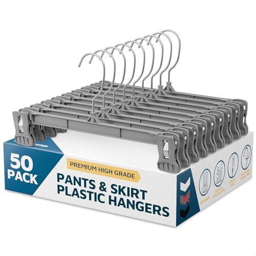 Lifemaster Pants Hangers with Clips Pack of 50, 12-Inch Heavy-Duty Clothes Hangers with Non-Slip Ridged Grip Clips & 360° Swivel Hook, Space-Saving Closet Organizer for Pants, Skirts & Shorts, Gray