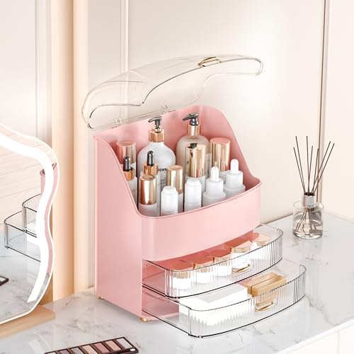 Makeup Organizer Countertop Vanity with Transparent Lid Drawers Waterproof Dustproof Cosmetic Skincare Bathroom Storage 