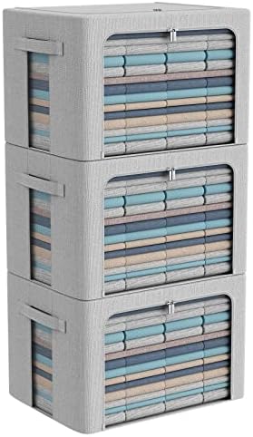 CYhom 3Pack Foldable Storage Bins - Frame Storage Box Linen Fabric Stackable Clothes Container Organizer with Clear Wind