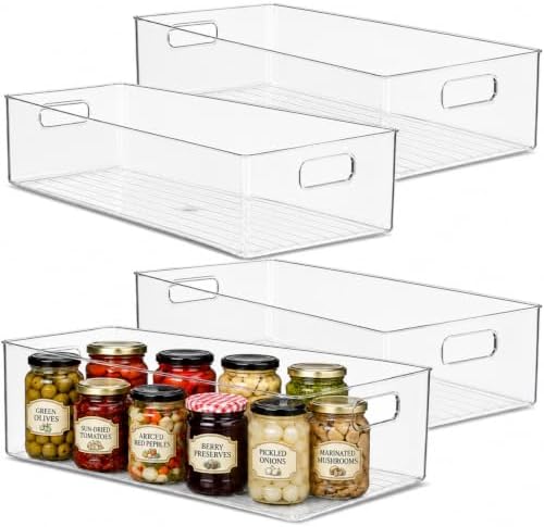 primebox Plastic Food Storage 4 Pack Clear Container Bin with Handles for Organizing Kitchen, Pantry, Refrigerator, Free
