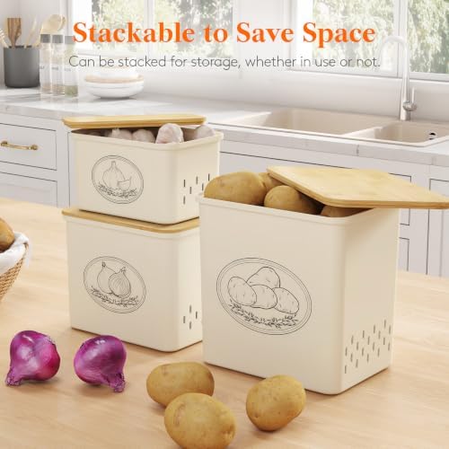 Lifewit Plastic Potato and Onion Storage Bin Box, Set of 3, Beige