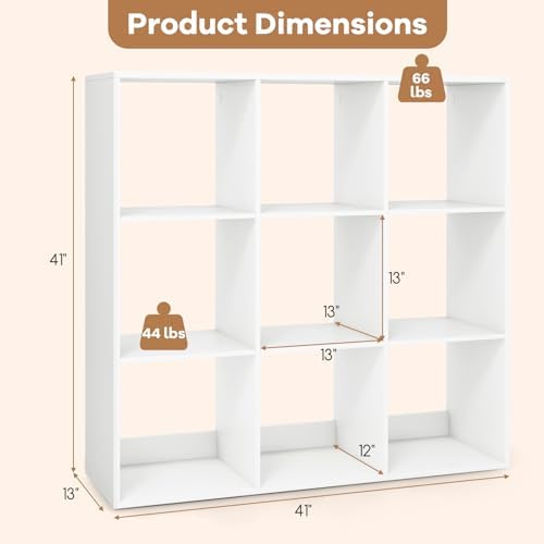 DORTALA 9 Cube Bookcase, Floor Standing Bookshelf with Open Back, Anti-Tipping Kits, Modern Storage Organizer Display Sh