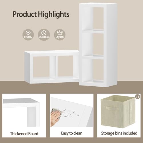 furtble 3 Cube Storage Organizer Shelf with Bins, White 3 Tier Bookcase with Fabric Storage Bins, Morden Bookshelf for B