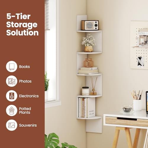 GIANTEX Corner Shelf Wall Mounted, 5-Tier Floating Corner Bookshelf, Home Storage Organizer, Wooden Display Stand Rack f