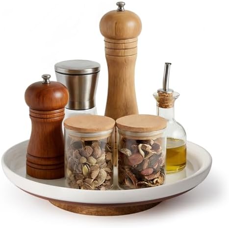 Ceramic Lazy Susan Turntable Organizer, 10.3 Inch Round Rotating Tray with Acacia Wood Base, White Speckled Glazed Spice