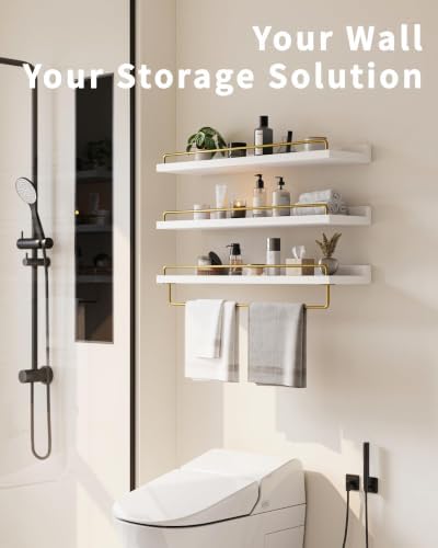 Seocry Bathroom Shelves, Wall Shelf Set of 3, Floating Shelves, Shelves for Room Wall, Bathroom Decor (White Gold, 23.1 
