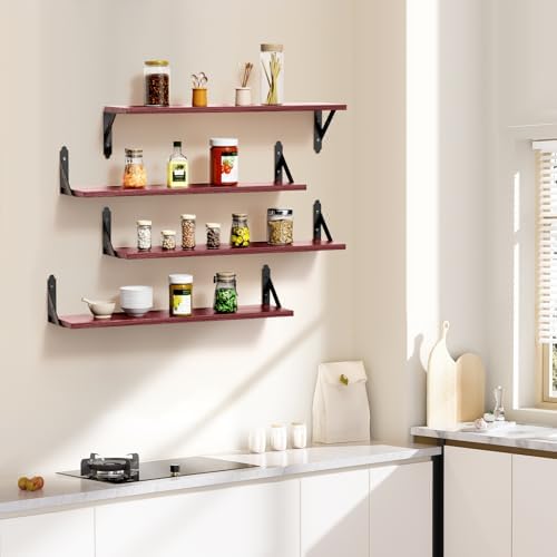 ROMGUAR CRAFT Wood Wall Floating Shelves Set of 4, 23.6" x 6" - Red