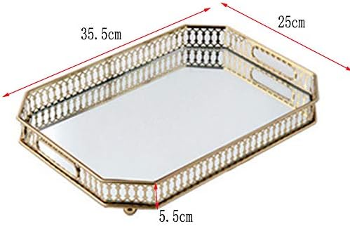 Vintage Gold Mirror Tray,Rectangle(13.8x9.8in) Ornate Geometric Brass Plated and Glass Display Storage Organizer,Jewelry