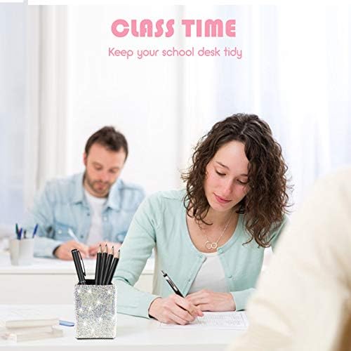 Crystal Pencil Pen Pot Holder Box Bling Rhinestone Pen Organizer Holder Cosmetic Pencil Container Comb Brushes Personalized (Square AB Color)