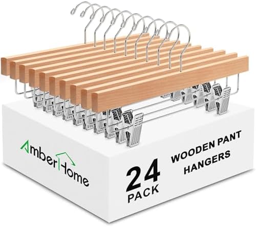 Amber Home 24 Pack Natural Wooden Pants Hangers with Adjustable Clips, 14"