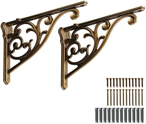 2 Pack 8 Inch Shelf Brackets, Antique Brass Shelf Brackets,Metal Bracket for Shelves Ornate Heavy Duty Decorative wall B