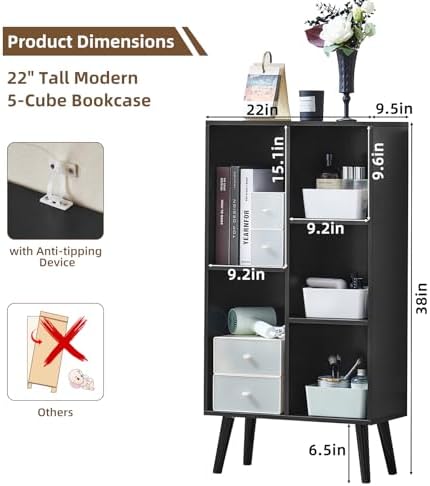 LEYAOYAO 5 Cube Bookshelf, Mid-Century Modern Book Shelf with Legs, Black