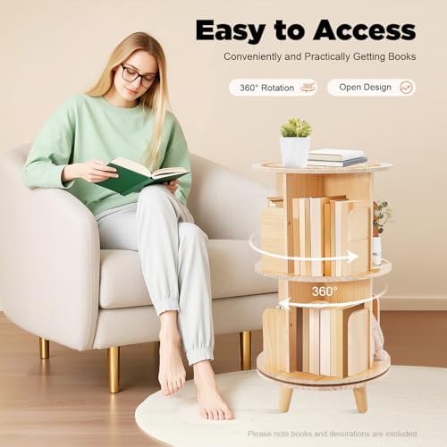 2 Tier Rotating Bookshelf with Legs, Small Corner Bookshelf Floor Standing Wooden Narrow Bookcase Organizer,Revolving Bo