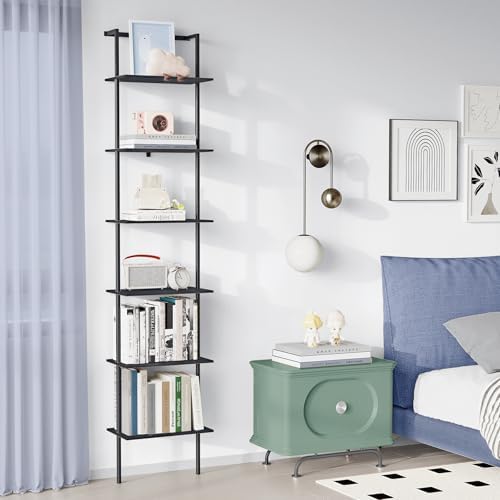 6-Tier Wall Mounted Ladder Shelf, Black, 77" H