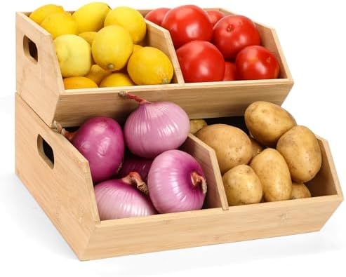 Bamboo Pantry Organizers and Storage Bins, 2 Set Stackable Baskets for Vegetables, Potatoes, Onion, Garlic, Bread - Bamb