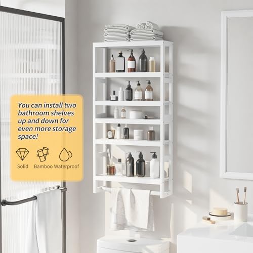 Bathroom Shelves with Hanging Bar Over Toilet Storage - Adjustable Wall Organizer (White)