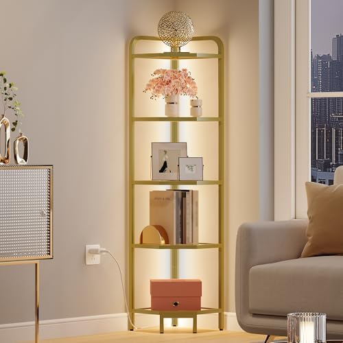 Hzuaneri Corner Shelf with LED Lighting, 5-Tier Glass Bookshelf