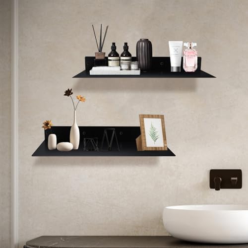 RealPlus Metal Floating Shelf 16.8" x 8" Modern Heavy Duty Steel Wall Mount Shelf, Black (Pack of 2)