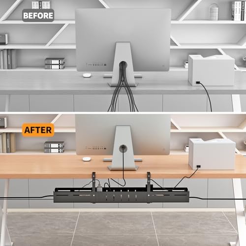 Under Desk Cable Management Tray, Expandable Length 25.2"-38.6",No Drill No Damage to Desk,Cable Tray with Clamp for wit